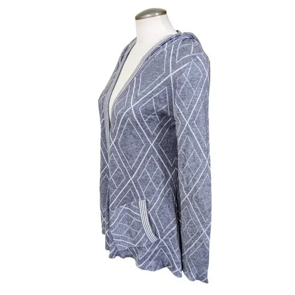 Belldini Open Front Hooded Cardigan Sweater Womens Size M Gray White Geo Print - Picture 5 of 8